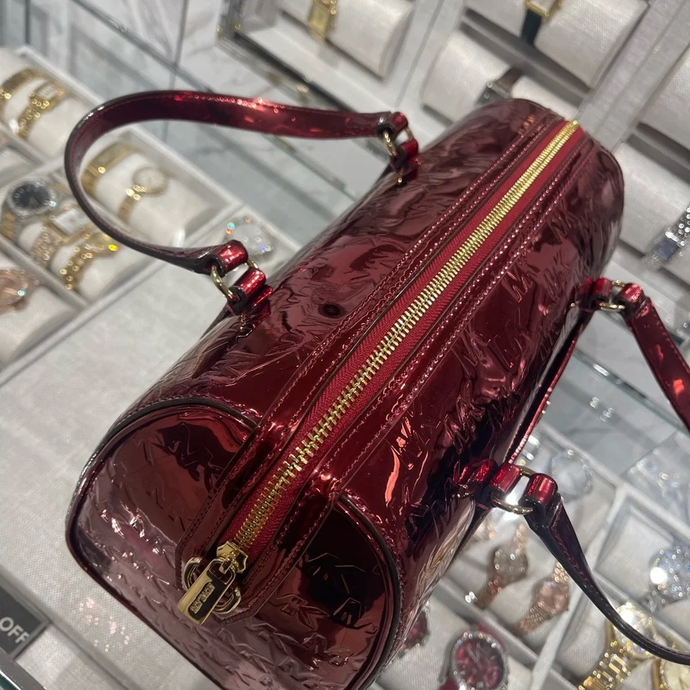 MICHAEL KORS Jet Set Medium Metallic Logo Debossed Satchel Cherry  NWT